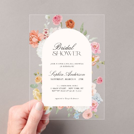 Farbige Frühlingsblumen Kalligrafisches Brautparty Acryleinladungen (Insitu (Handheld))