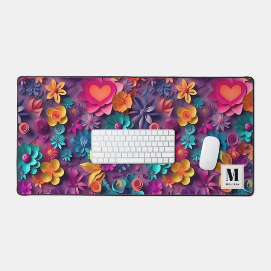 Farbige Frühlingsblumen Muster Monogramm Schreibtischunterlage (Tastatur & Maus)