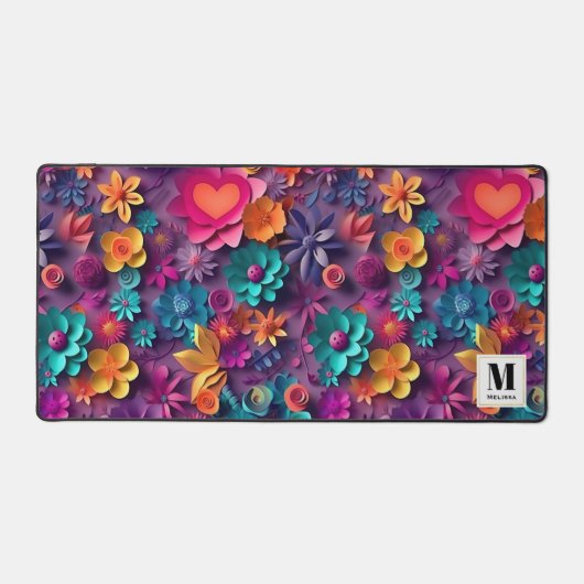 Farbige Frühlingsblumen Muster Monogramm Schreibtischunterlage (Vorderseite)
