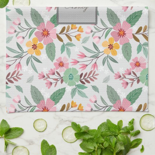 Farbige Frühlingsblumen Muster Name Monogram Geschirrtuch (Gefaltet)