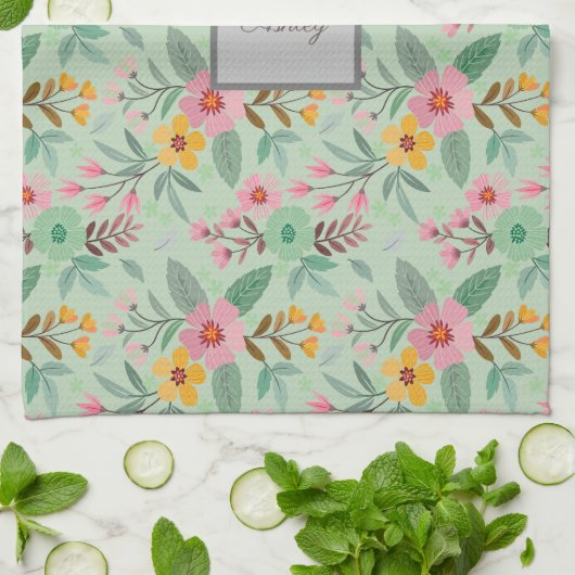 Farbige Frühlingsblumen Muster Name Monogram Geschirrtuch (Gefaltet)