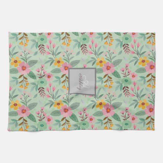 Farbige Frühlingsblumen Muster Name Monogram Geschirrtuch (Horizontal)