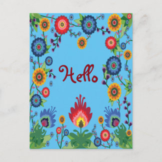 Farbige Frühlingsblumen Post Card 'Hello' Blue Postkarte