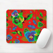 Farbige Frühlingsblumen, roter Hintergrund Mousepad (Mit Mouse)