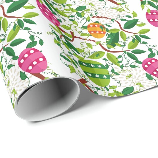 Farbige Frühlingsblumen und Ostereier Muster Geschenkpapier (Rolleneckpunkt)