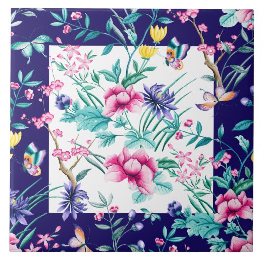 Farbige Frühlingsblumen und Schmetterlinge Muster Fliese (Vorderseite)