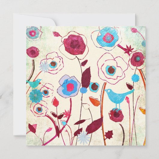 Farbige Frühlingsblumen Vögel Mulberry Blue Orange Einladung (Rückseite)