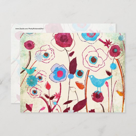 Farbige Frühlingsblumen Vögel Mulberry Blue Orange Postkarte (Vorne/Hinten)