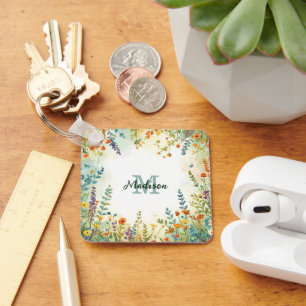 Farbige Frühlingsblumen-Wildblumenstrauß-Monogramm Schlüsselanhänger