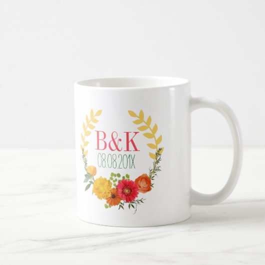 Farbige Frühlingsblumenkranke Save the Date Kaffeetasse (Rechts)