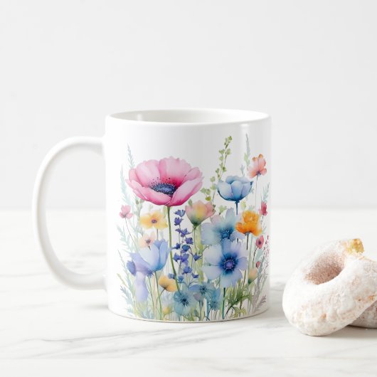 Farbige Frühlingsmuster Blume Wasserfarben Kaffeetasse (Mit Donut)
