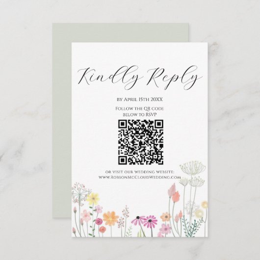 Farbige Frühlingstraffung Wildblume Beige QR-Code RSVP Karte (Vorne/Hinten)