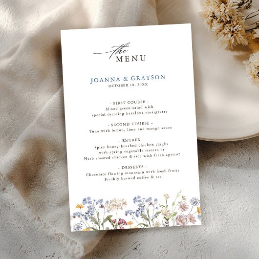 Farbige Frühlingswiesen-Hochzeitsmenü mit Wildblum