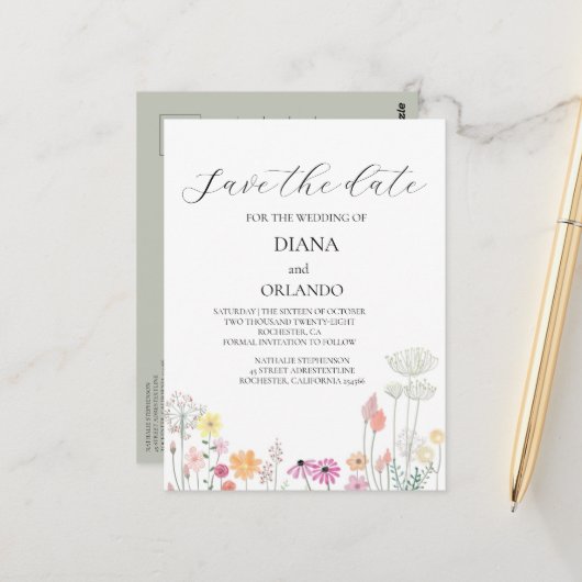 Farbige FrühlingsWildblume Save the Date Postkarte (Vorderseite/Rückseite Beispiel)