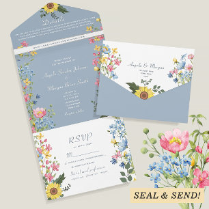 Farbige Garten-Wildblumen-Hochzeit All In One Einladung
