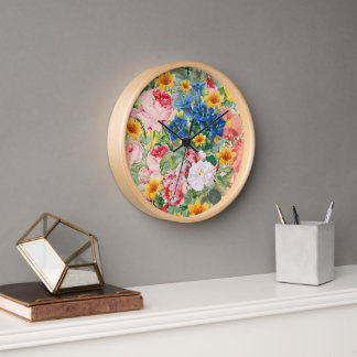 Farbige Gartenblumen - Boho Blumenkissen Uhr