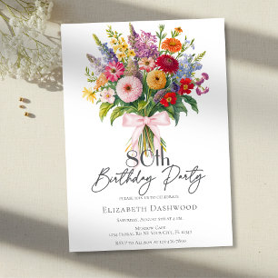 Farbige Gartenblumen Bouquet Rosa Schleife Geburts Einladung