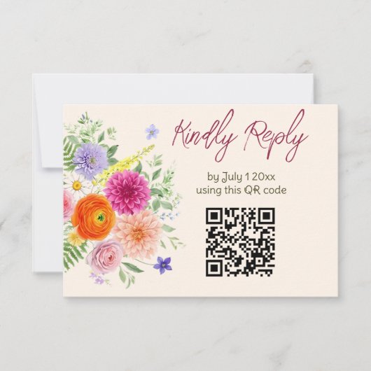 Farbige Gartenblumen Hochzeitswebsite QR Code RSVP Karte (Vorderseite)