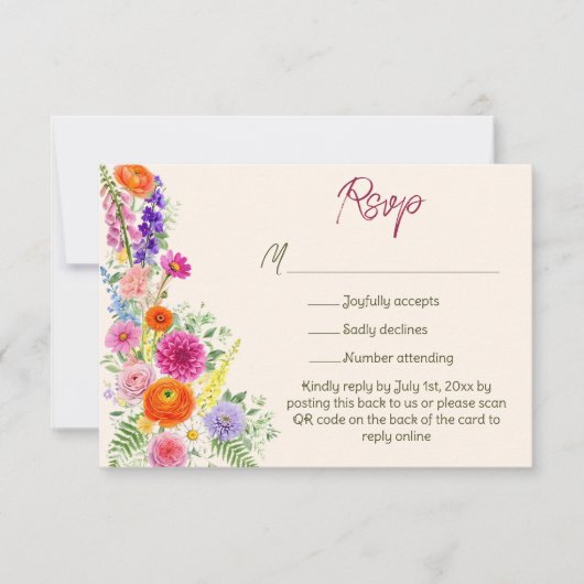 Farbige Gartenblumen Hochzeitswebsite QR Code RSVP Karte (Vorderseite)