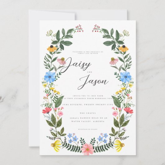 Farbige Gartenbogen-Hochzeit mit Wildblumen Einladung (Vorderseite)