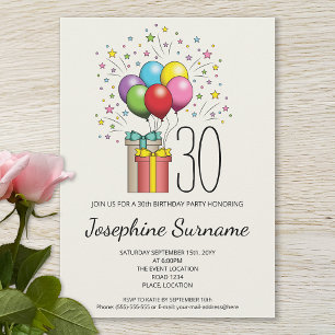 Farbige Geburtstagsballons und Geschenke mit Alter Einladung