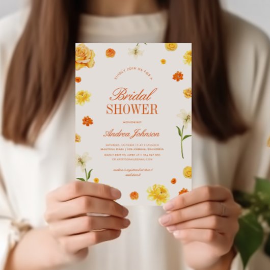 Farbige gelbe orangefarbene Blumen Hochzeitsdusche Einladung