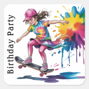 Farbige gemalte Mädchen-Skateboarder-Geburtstagsfe Quadratischer Aufkleber