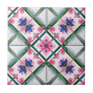 Farbige geometrische Blume in Blau, Pink und Ocker Fliese