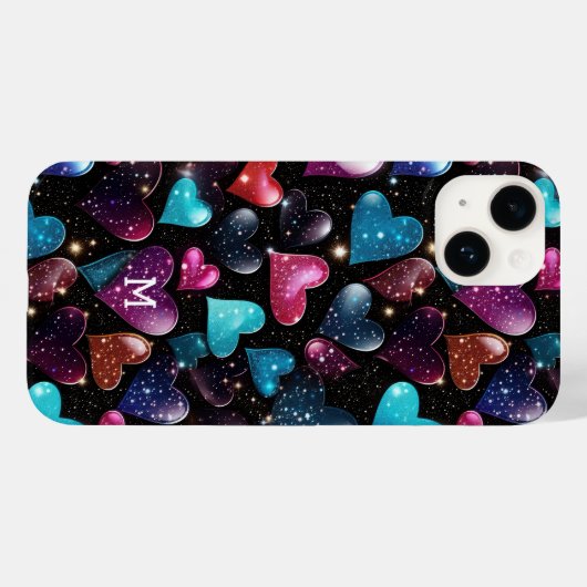 Farbige Glittery Hearts Muster Monogram Case-Mate iPhone Hülle (Rückseite (Horizontal))