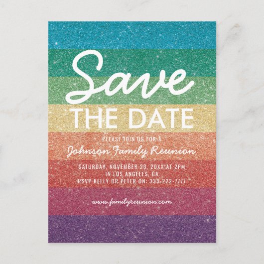 Farbige Glitzer Party Wiedersehen Save the Date Ankündigungspostkarte (Vorderseite)
