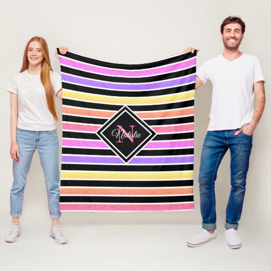 Farbige Glitzer Schwarze Streifen Monogramm Fleecedecke (Beispiel)