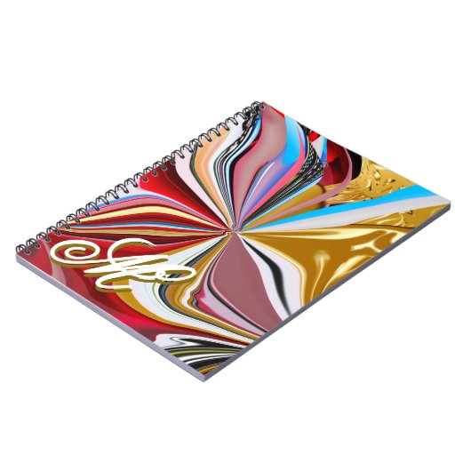 Farbige Gold Blume Monogram Liquid Abstrakt Notizblock (Linke Seite)