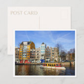 Farbige Grachtenhäuser und Boot in Amsterdam Postkarte (Vorne/Hinten)