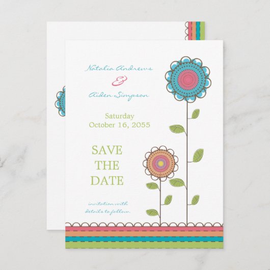 Farbige große Blume Save the Date Postkarte (Vorne/Hinten)