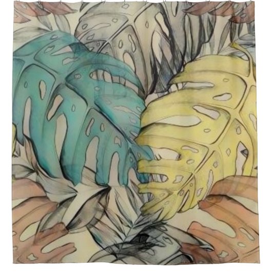 Farbige große tropische Blätter Aquarellmalerei Duschvorhang (Vorderseite)