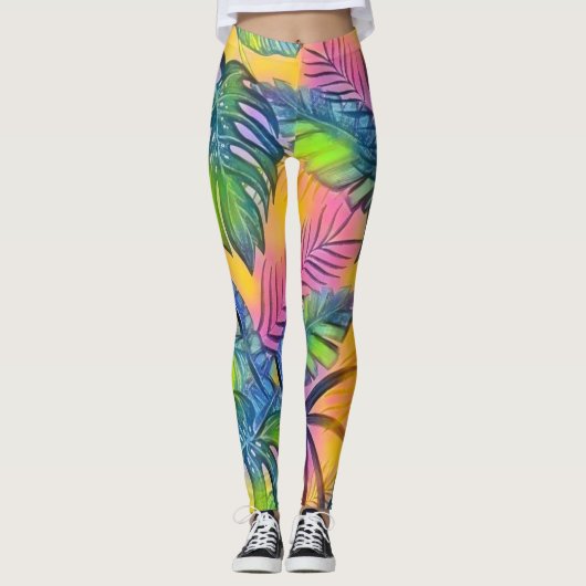 Farbige große tropische Blätter Aquarellmalerei Leggings (Vorderseite)