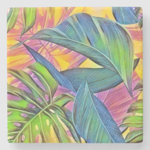 Farbige große tropische Blätter Aquarellmalerei Steinuntersetzer