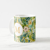 Farbige grüne Blumen-Wasserfarbenmuster-Monogramm Kaffeetasse (Vorderseite Links)