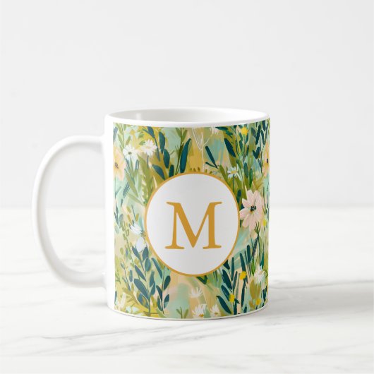 Farbige grüne Blumen-Watercolor-Pattern-Monogramm Kaffeetasse (Links)