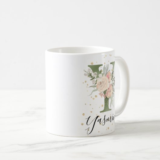 Farbige grüne Monogramm Letter Y Blush Creme Flora Kaffeetasse (VorderseiteRechts)