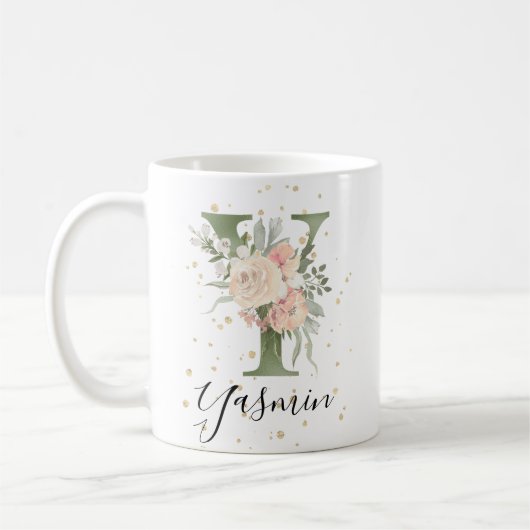 Farbige grüne Monogramm Letter Y Blush Creme Flora Kaffeetasse (Links)