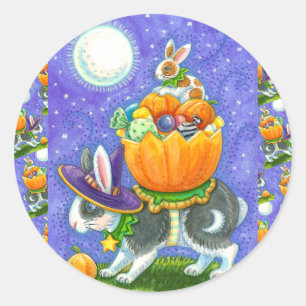 FARBIGE HALLOWEEN-KANINCHEN ÜBEREINANDER, ZUCKERHI RUNDER AUFKLEBER