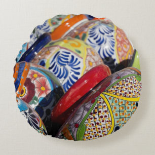 Farbige handbemalte mexikanische Töpferei Rundes Kissen