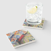 Farbige handbemalte mexikanische Töpferei Steinuntersetzer (Seitenansicht)