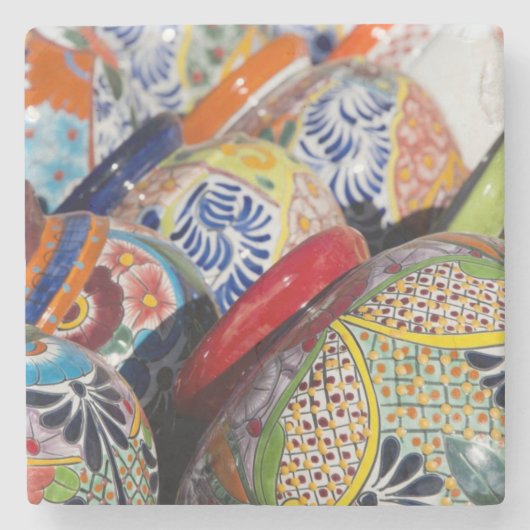 Farbige handbemalte mexikanische Töpferei Steinuntersetzer (Vorderseite)