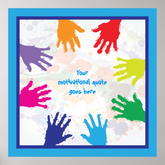 Farbige Handdrucke von Kindern mit blauen Rändern Poster (Vorne)