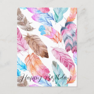 Farbige Happy Birthday Boho Federn Postkarte