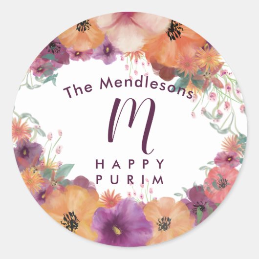 Farbige Happy Purim Blumenaufkleber Runder Aufkleber (Vorderseite)