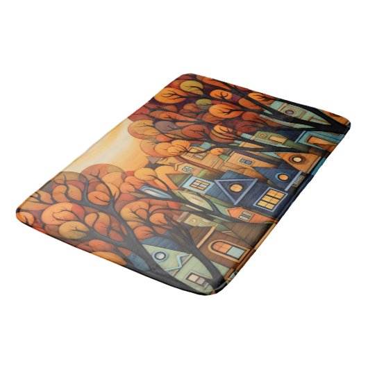 Farbige Häuser und Bäume im Herbst Badematte (Schrägansicht)