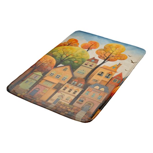 Farbige Häuser und Bäume im Herbst Badematte (Schrägansicht)